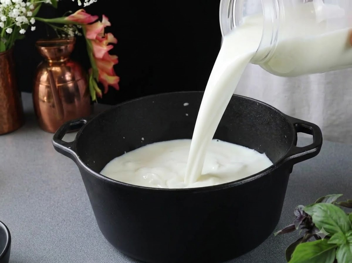 Frische Milch wird aus einem klaren Kunststoffbehälter in einen schwarzen Gusseisentopf gegossen.