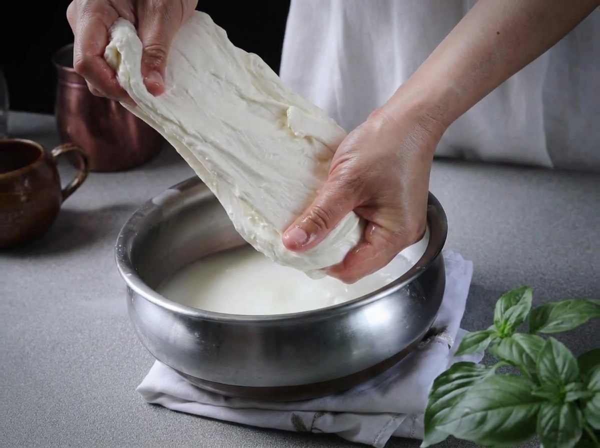 Hände dehnen und ziehen ein Stück weißen Mozzarellabruch in einer Metallschüssel mit Wasser.