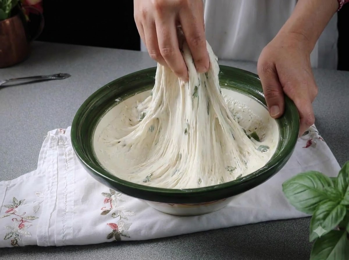 Hände ziehen und dehnen klebrigen, fermentierten Pizzateig nach oben aus einer Schüssel mit grünem Rand.