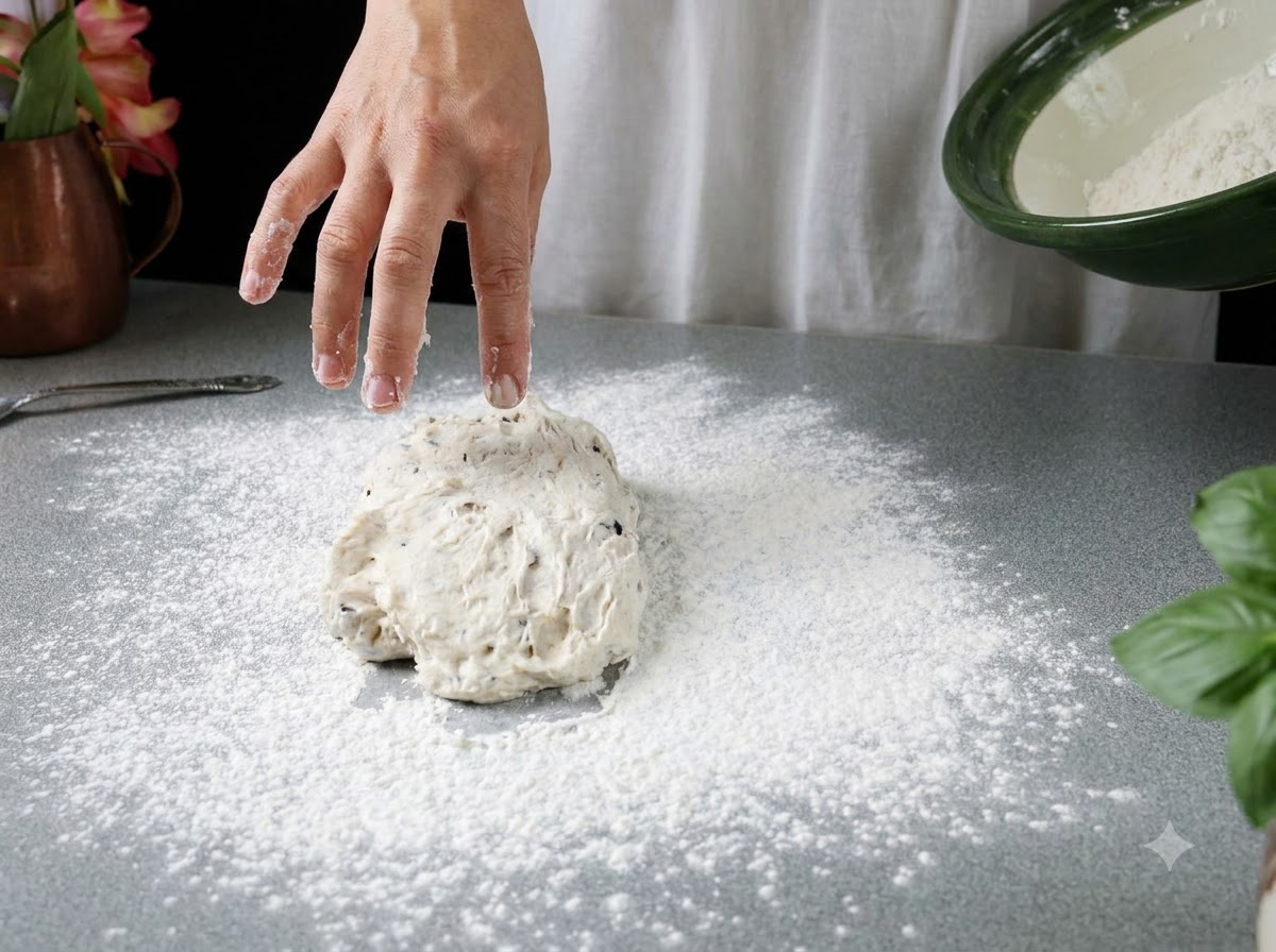 Eine Hand schwebt über einem Haufen Pizzateig, der auf einer bemehlten grauen Arbeitsplatte ruht.