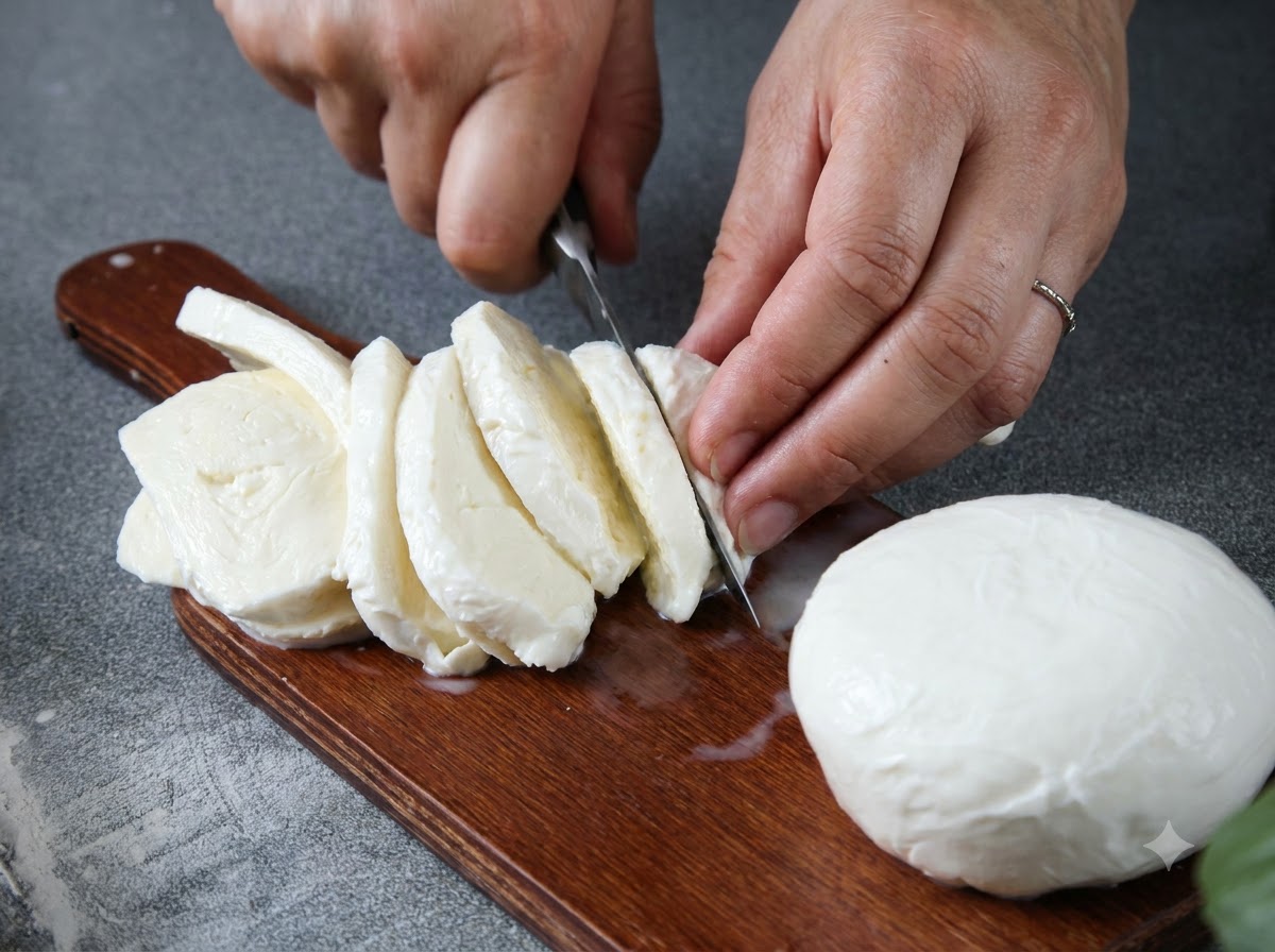 Ein Messer schneidet durch eine Kugel frischen Mozzarellakäse auf einem Holzschneidebrett, während mehrere Scheiben bereits abgeschnitten sind.