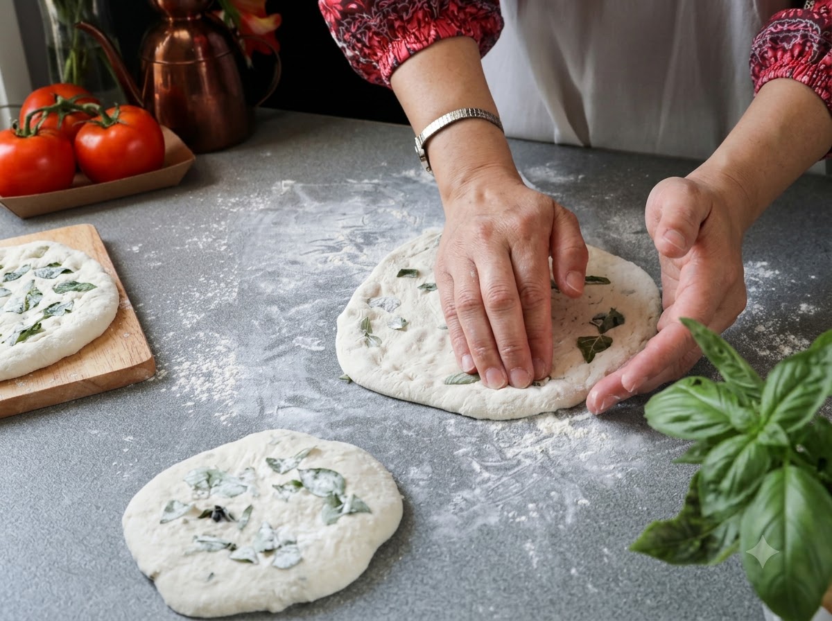 Hände dehnen eine runde Pizzateigscheibe auf einer bemehlten Oberfläche aus, umgeben von frischen Basilikumblättern.