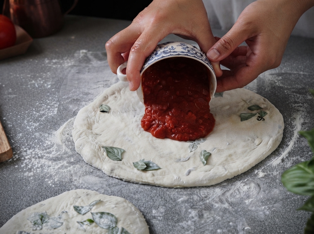 Dicke rote Tomatensoße wird aus einer kleinen gemusterten Schüssel in die Mitte eines flachen Pizzateigs entleert.
