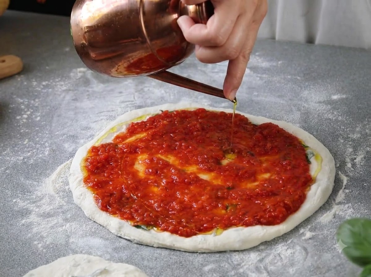 Natives Olivenöl extra wird aus einer Kupferkaraffe in einem dünnen Strahl über eine Schicht roter Tomatensoße gegossen.