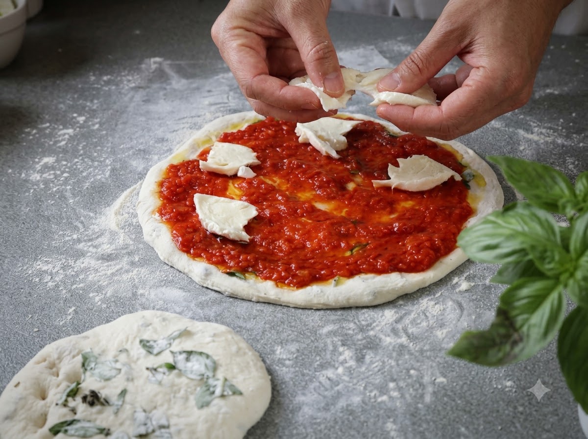 Hände zupfen und platzieren weiße Stücke frischen Mozzarellakäses über roter Tomatensoße auf rohem Pizzateig.