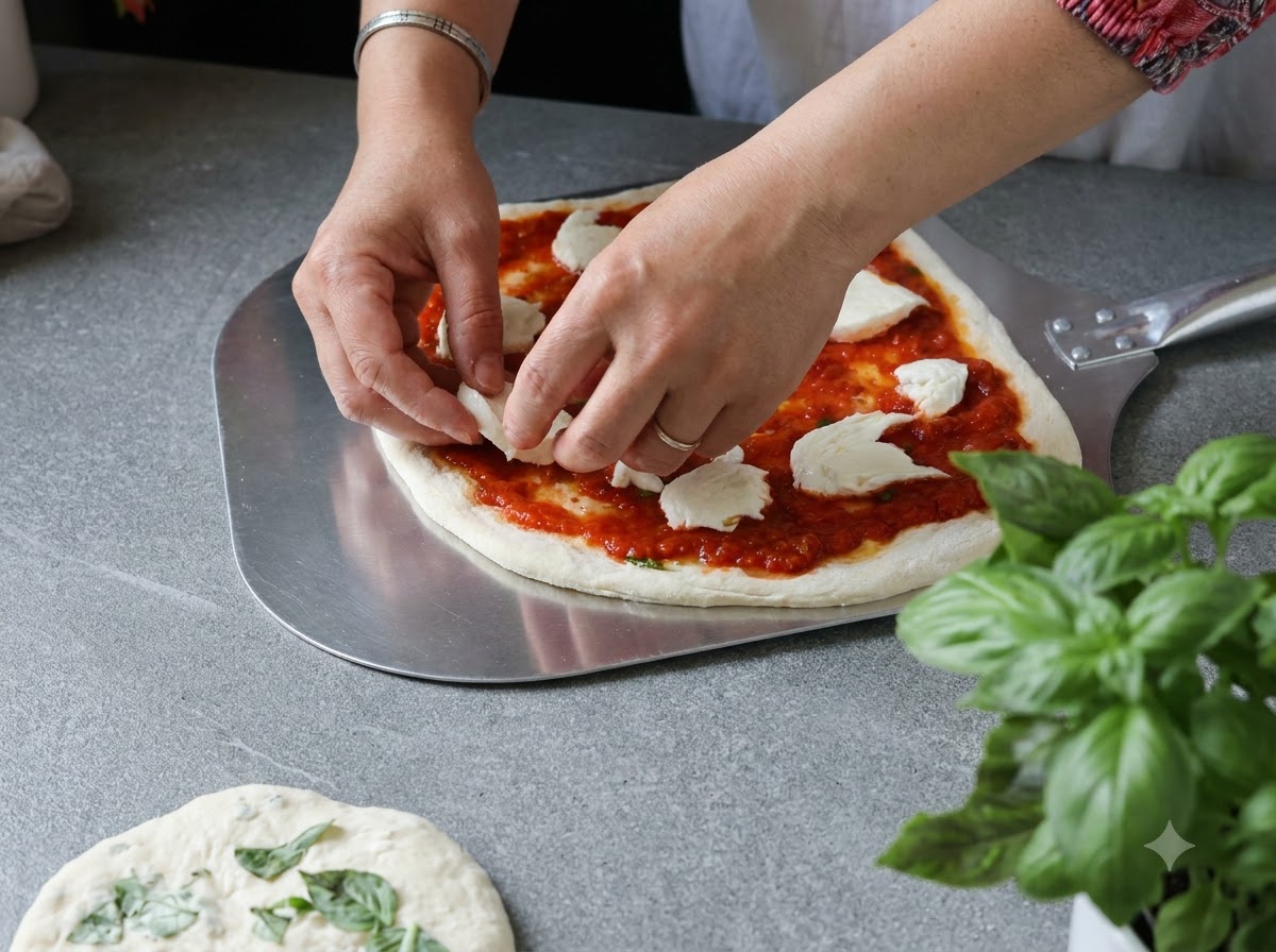 Hände positionieren eine vorbereitete rohe Pizza auf einem großen Metallschieber auf einer Küchenarbeitsplatte.