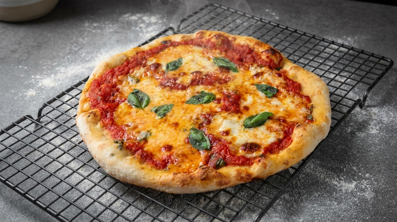 Eine frisch gebackene neapolitanische Pizza, belegt mit hausgemachtem Mozzarella, lebendiger Tomatensoße und frischen Basililkumblättern.