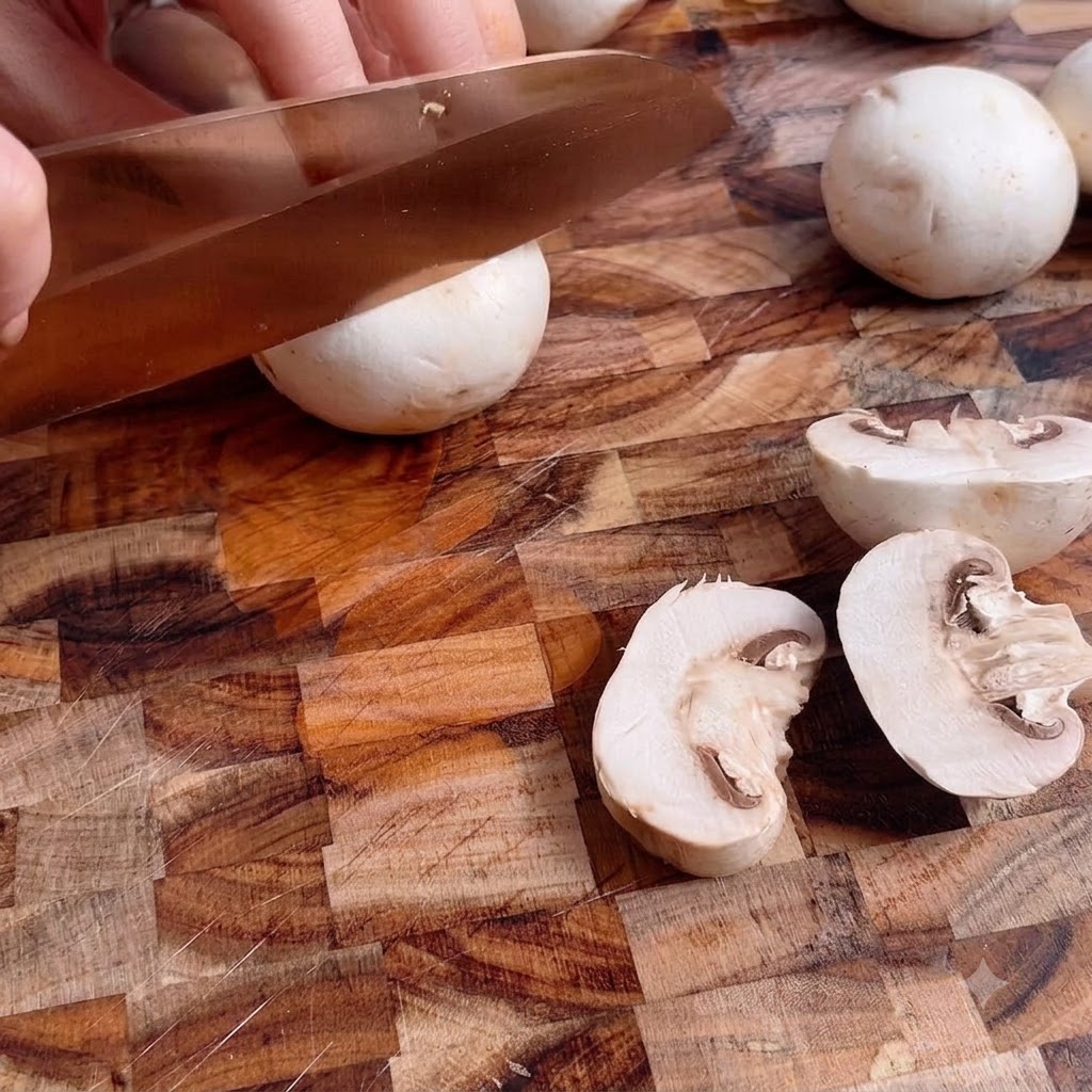 In Scheiben geschnittene frische weiße Champignons auf einem hölzernen Schneidebrett.