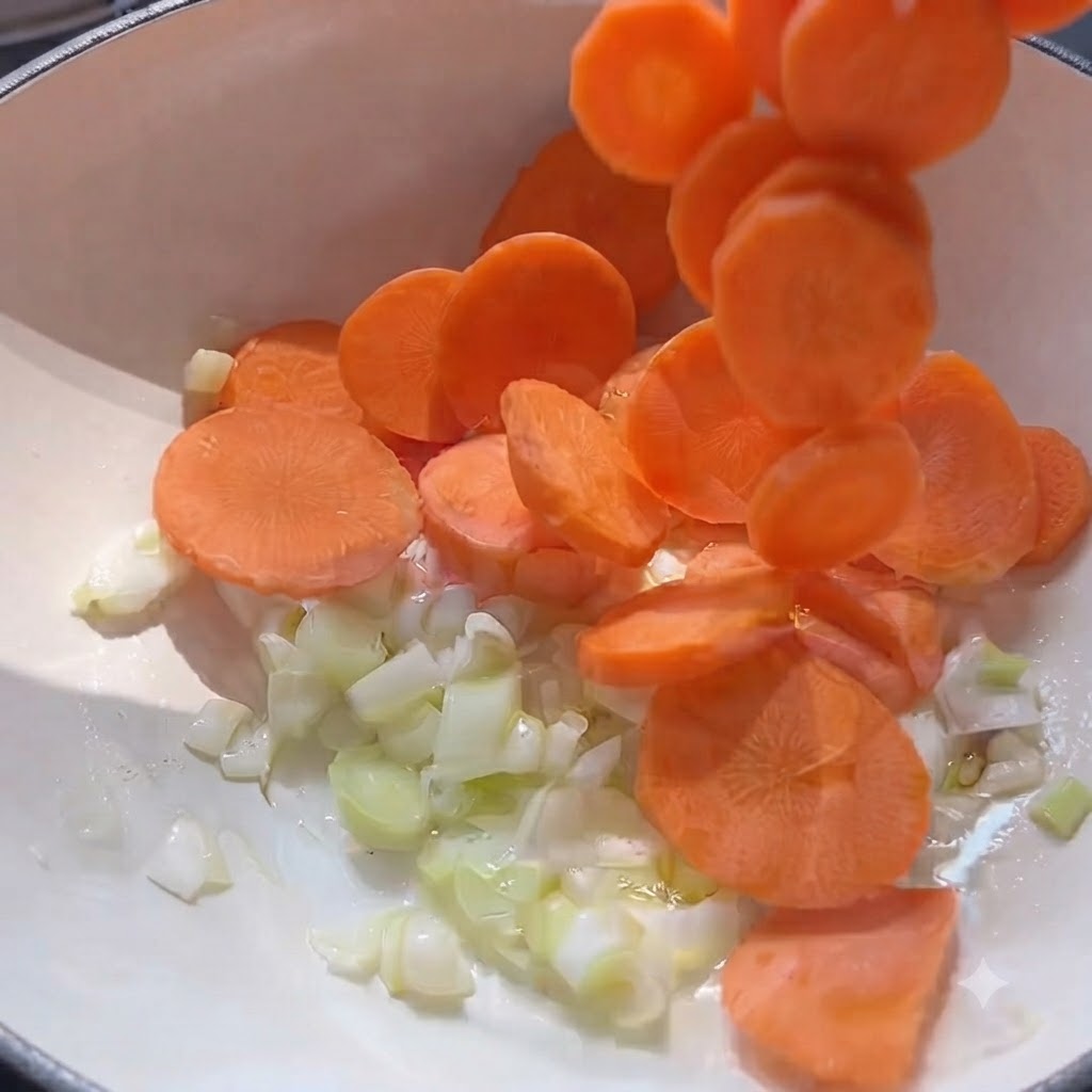 Leuchtchend orange Karottenscheiben fallen in einen Topf mit angedünstetem Lauch und heißem Öl.