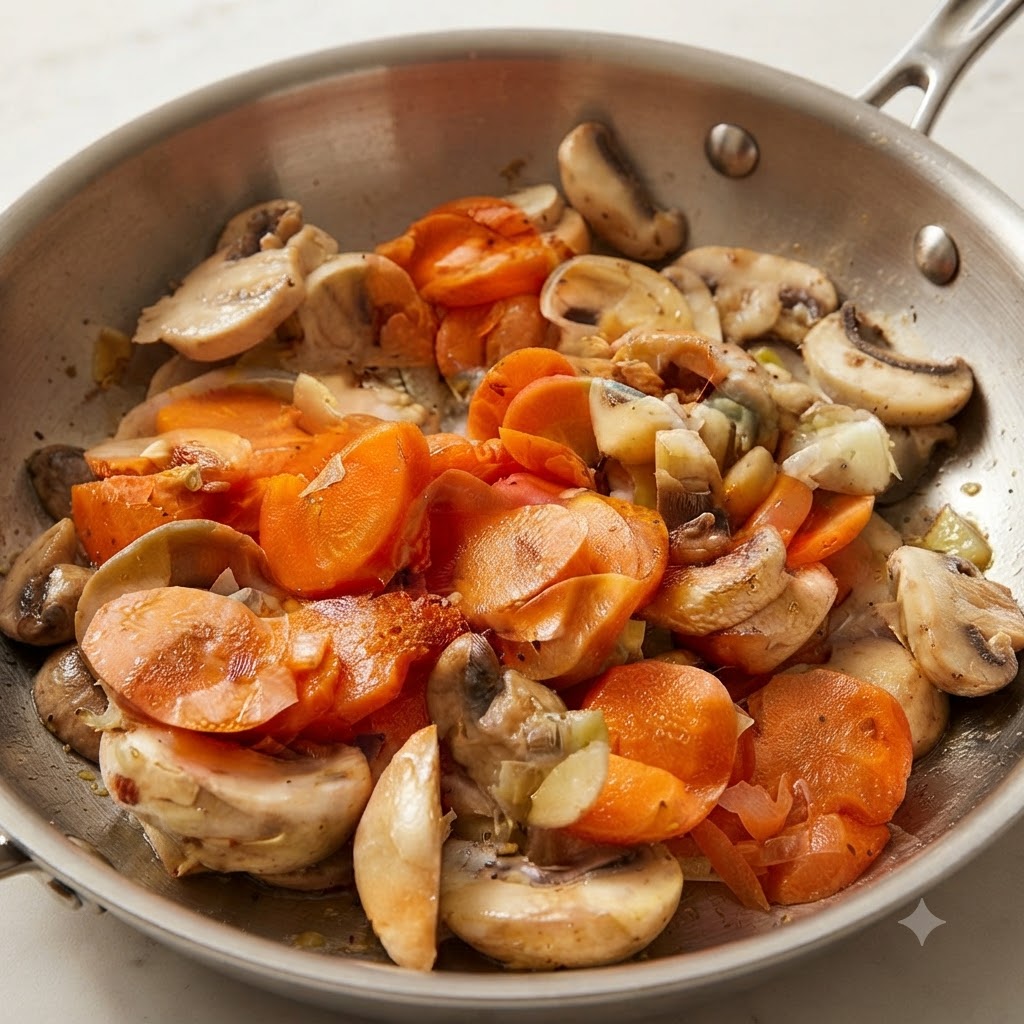 Kartoffeln und Karotten werden in einem Kochtopf zusammen umgerührt.