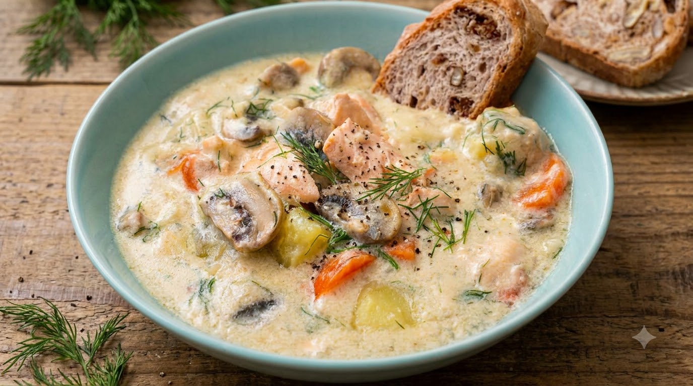 Eine Schüssel cremige Lachssuppe mit zarten Lachsstücken, goldgelben Kartoffeln, Karotten, Pilzen und frischem Dill.