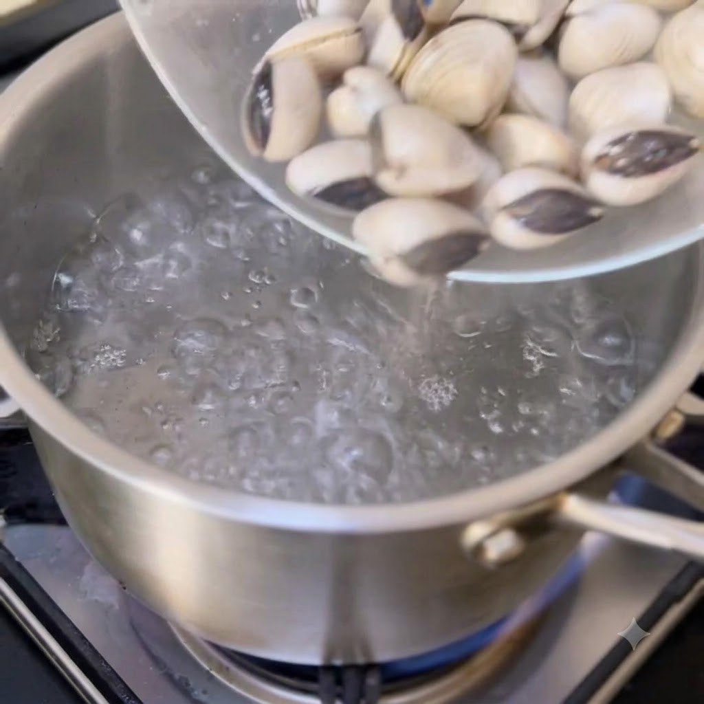 Muscheln werden in kochendes Wasser in einem Metalltopf gegeben.