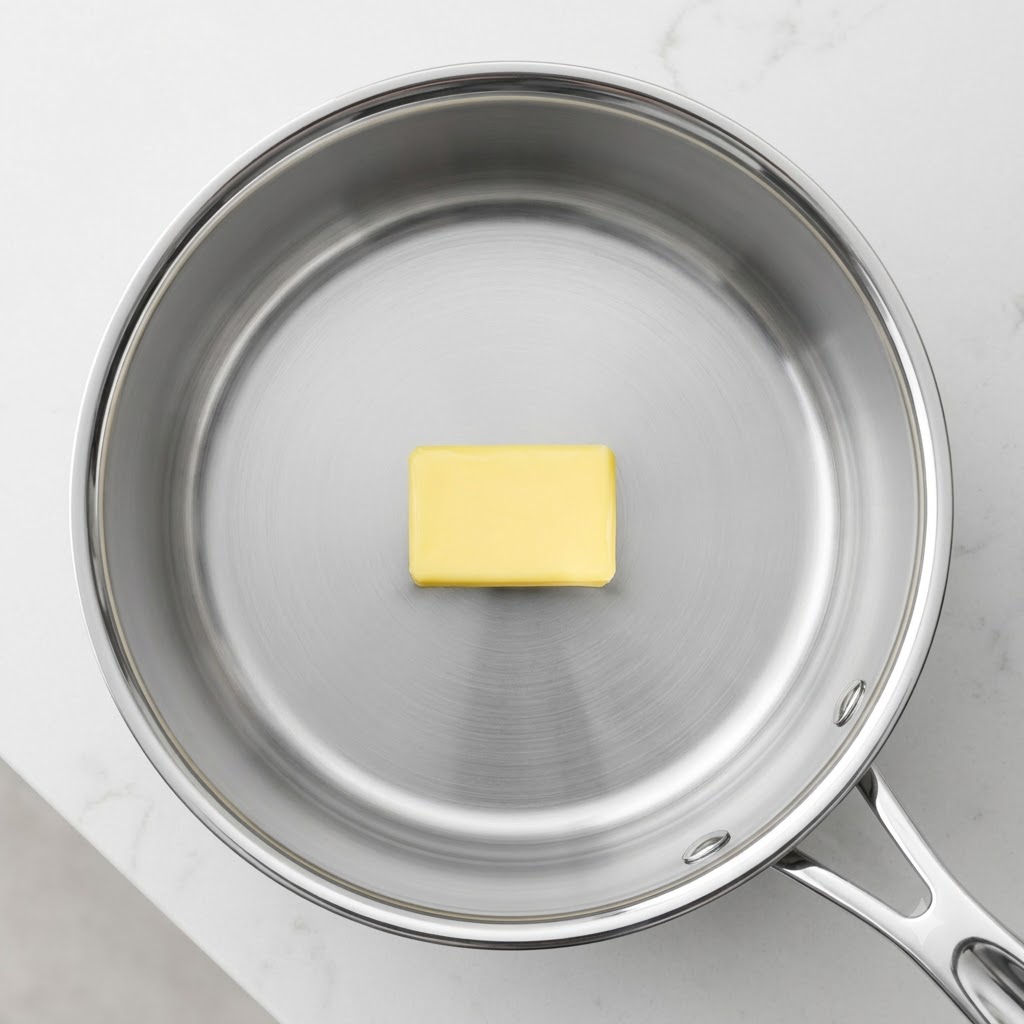 Ein einzelner rechteckiger Butterblock schmilzt in einem Edelstahltopf.