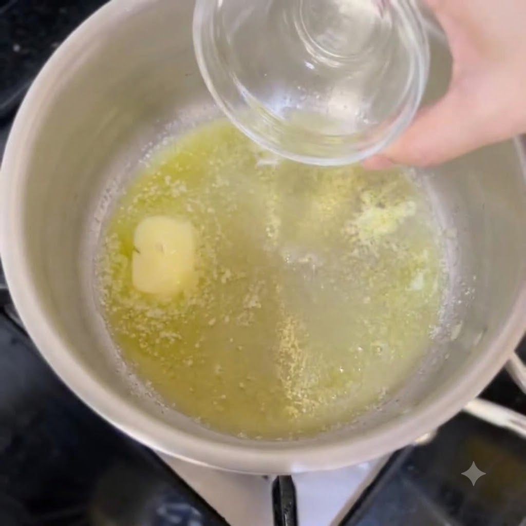 Eine kleine Schüssel Mehl wird in geschmolzene Butter in einem Topf auf dem Herd gegeben.