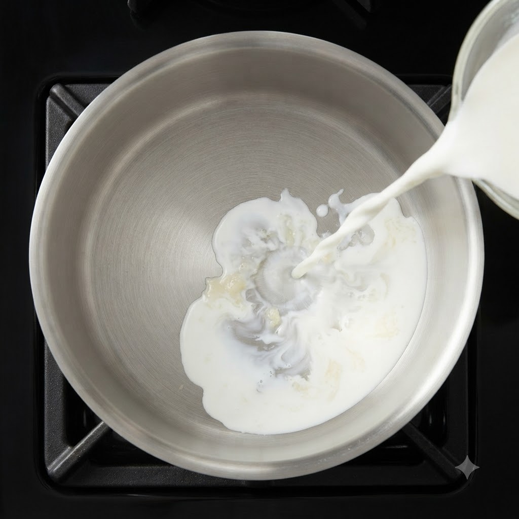 Milch und Schlagsahne werden aus einem Messbecher aus Glas in einen Topf gegossen.
