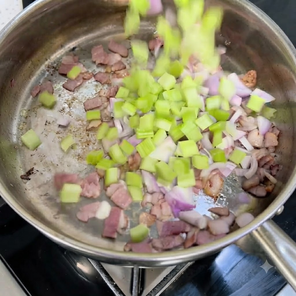 Gewürfelter Sellerie und rote Zwiebeln fallen in eine heiße Pfanne mit knusprigen Speckstücken.