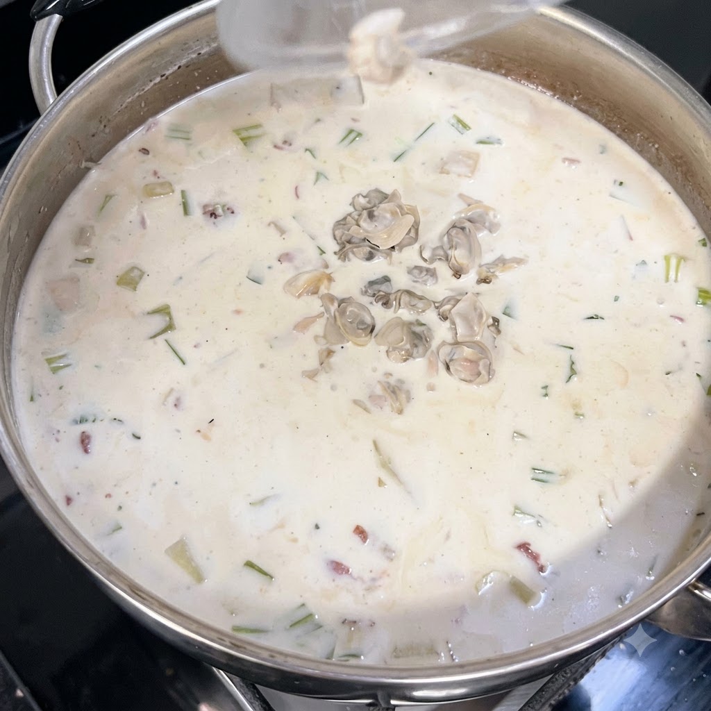 Gehackte Muschelfleischstücke werden in einen großen Topf mit cremiger weißer Suppe gegeben.