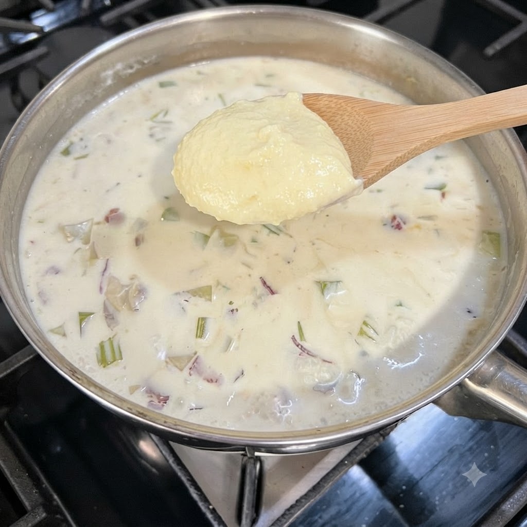 Ein Holzlöffel hält eine Portion dicke, gelbe Roux über einem Topf mit cremiger Suppe.