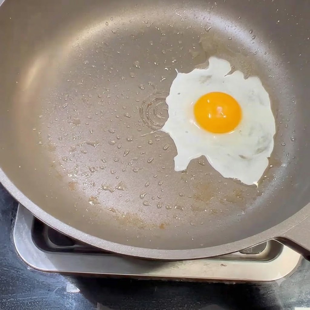 Ein einzelnes aufgeschlagenes Ei brät in einer Antihaft-Pfanne mit kleinen Wassertröpfchen um sich herum.