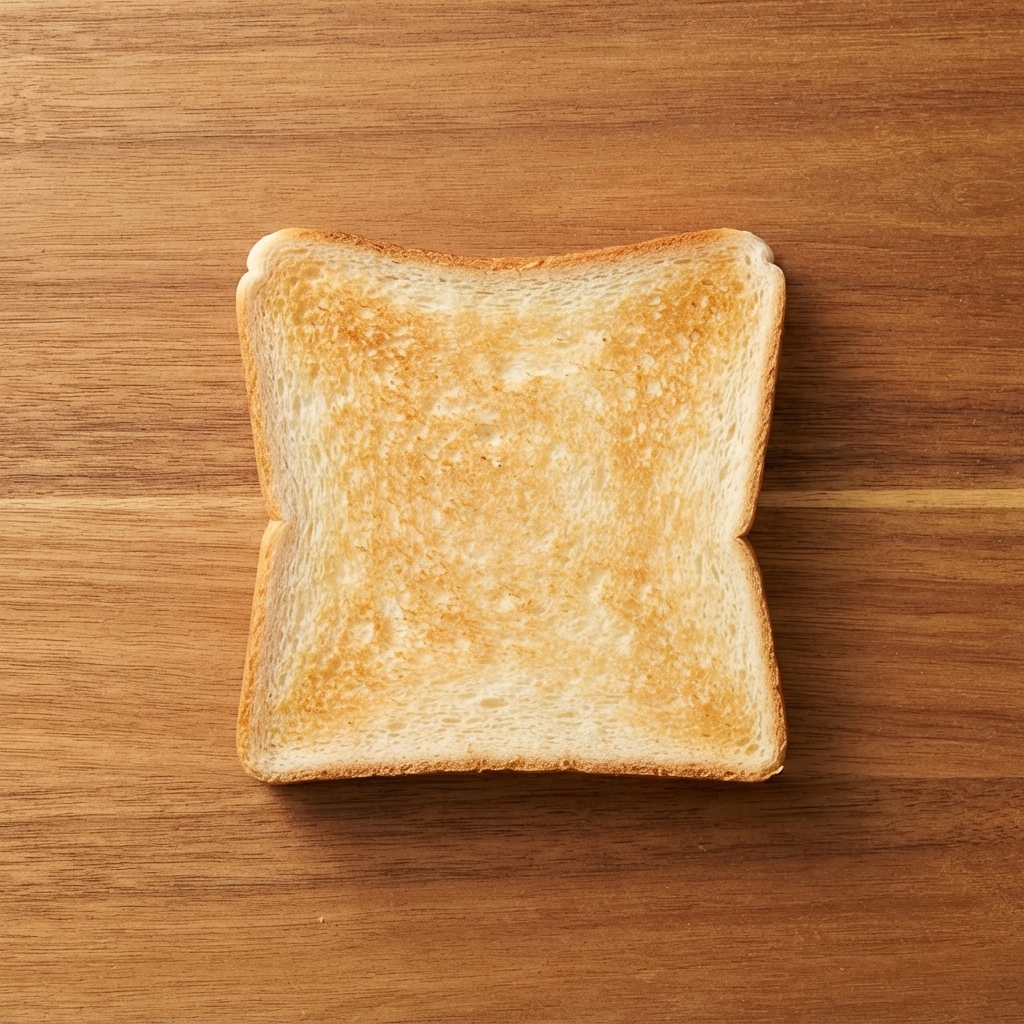 Eine einzelne quadratische Scheibe goldbraunen Toastbrots liegt zentriert auf einer Holzoberfläche.