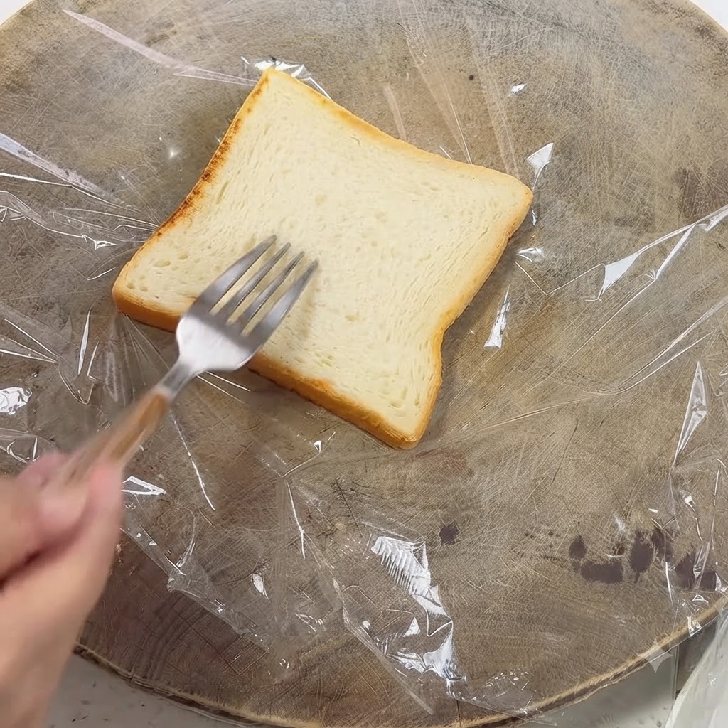 Eine Hand benutzt eine Metallgabel, um Sauce auf einem Stück Toast auf einer Frischhaltefolie zu verteilen.