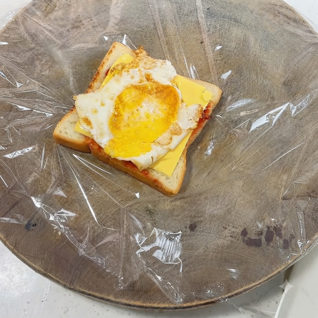 Ein Spiegelei liegt auf einer gelben Käsescheibe auf getoastetem Brot.