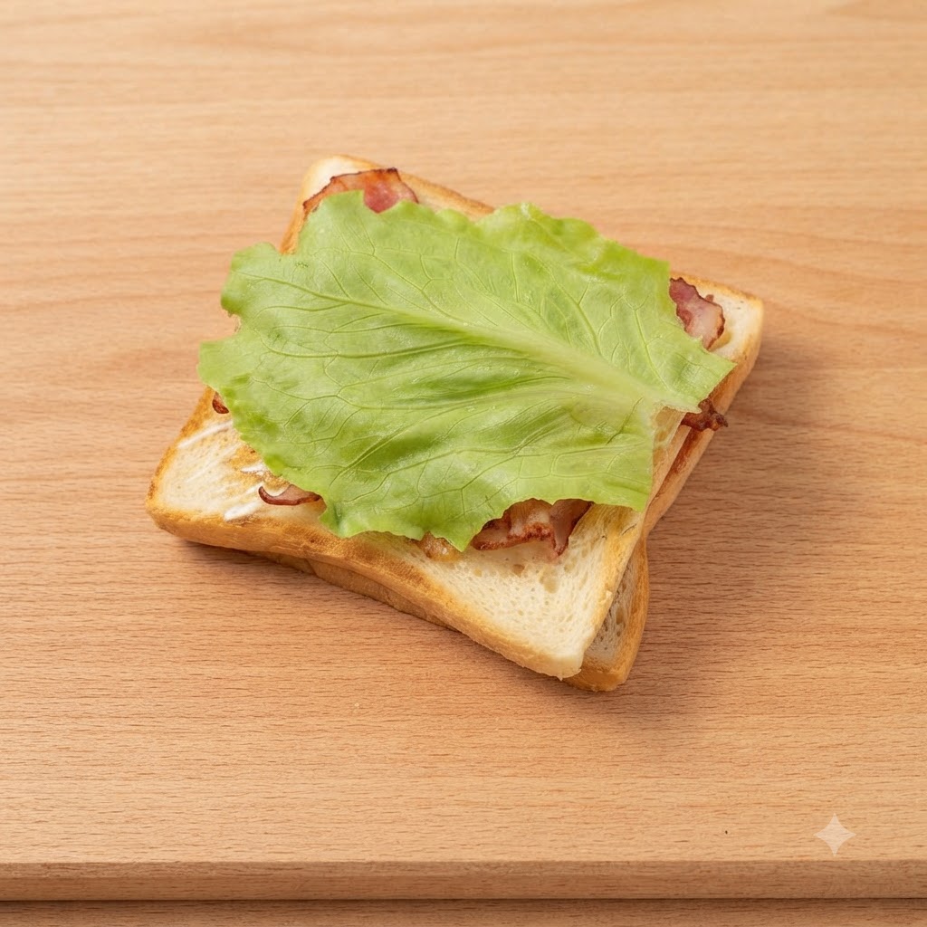 Ein frisches grünes Salatblatt liegt als Schicht auf dem Speck.