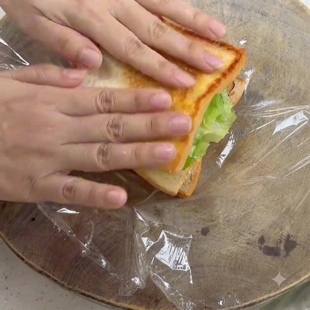 Hände drücken sanft auf die obere Scheibe des getoasteten Brotes, um das Sandwich zu vervollständigen.
