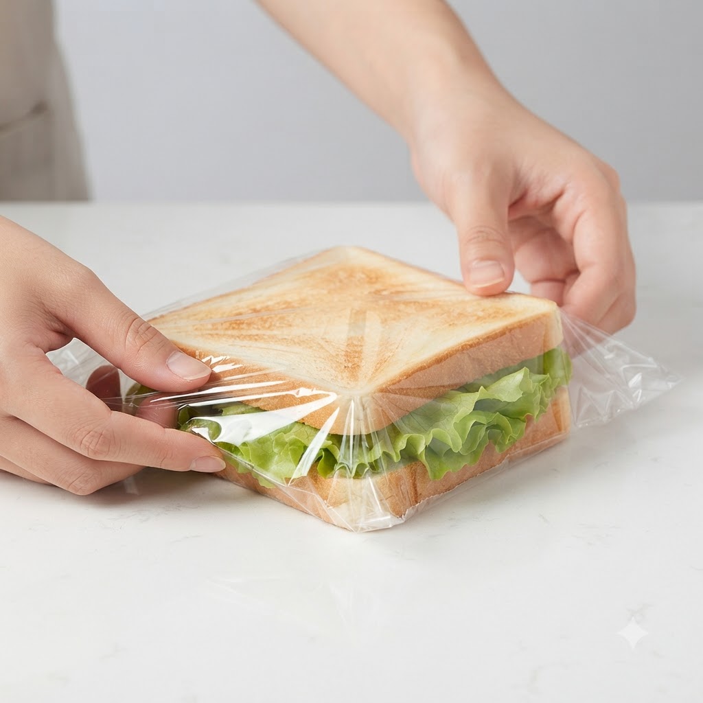 Hände falten Frischhaltefolie fest um das zusammengebaute Sandwich auf einer weißen Oberfläche.