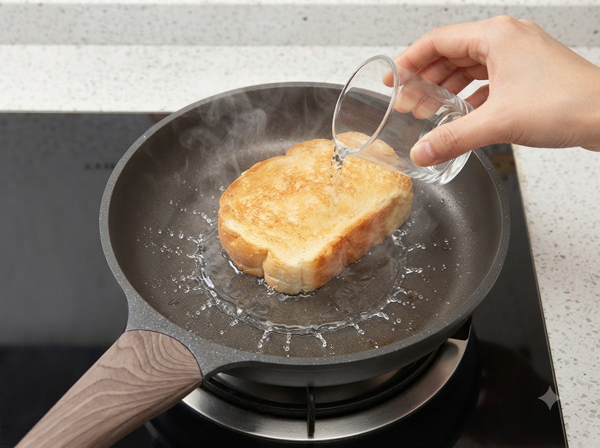 Wasser wird aus einem kleinen Glasbehälter in eine Bratpfanne neben ein Stück getoastetes Brot gegossen, wodurch Dampf entsteht.