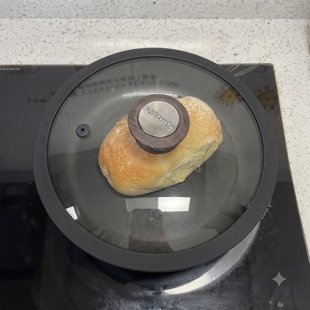 Ein Glasdeckel bedeckt eine Bratpfanne auf einer Herdplatte vor verschwommenem Hintergrund.