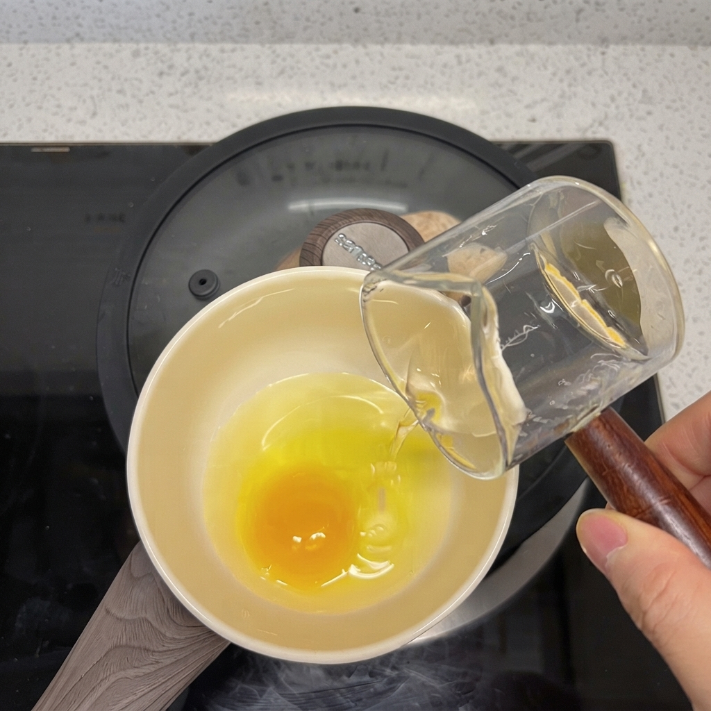Flüssigkeit wird aus einem kleinen Glasbehälter in eine Keramikschüssel mit einem aufgeschlagenen rohen Ei und dottergelbem Eigelb gegossen.