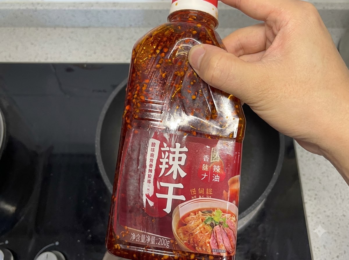 Eine Plastikflasche mit kommerziellem Chiliöl mit chinesischen Schriftzeichen wird über eine Bratpfanne gehalten.