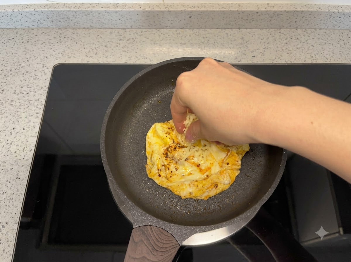 Giebter Käse wird auf ein gekochtes Ei in einer Pfanne gestreut.