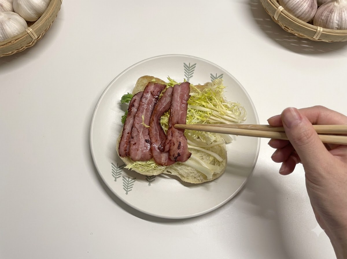 Gebratener Bacon und Beläge sind in einem Ciabatta-Sandwich angeordnet.