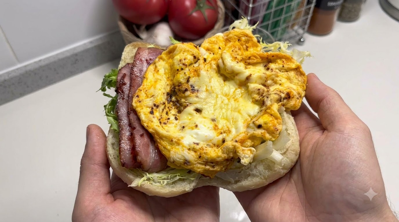 Bacon-Eier-Ciabatta mit Eiskaffee