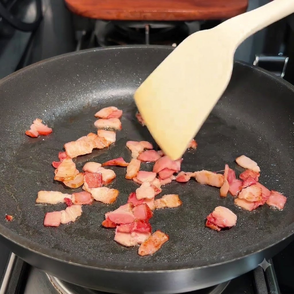 Kleine Speckstücke werden in einer dunklen Pfanne mit einem Holzspatel angebraten.