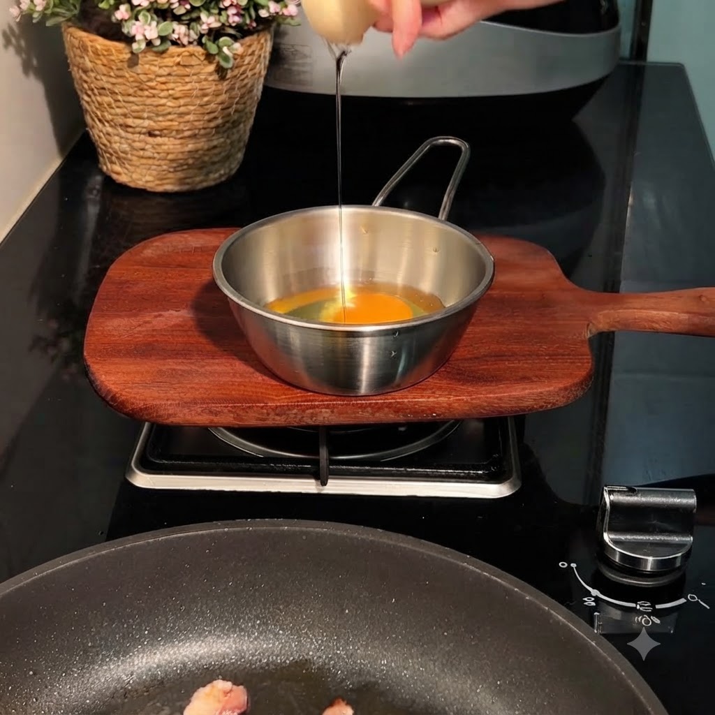 Ein Ei wird über einer Pfanne mit Bacon und Kohl in einen Behälter aufgeschlagen.