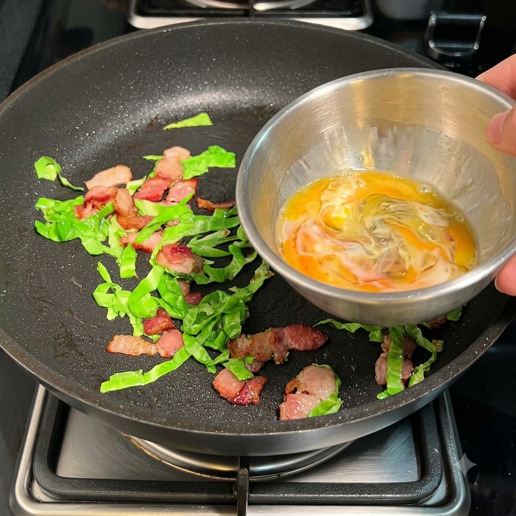 Eine Schüssel mit verquirlten Eiern und Milch wird in eine Pfanne mit Bacon und Kohl gegossen.