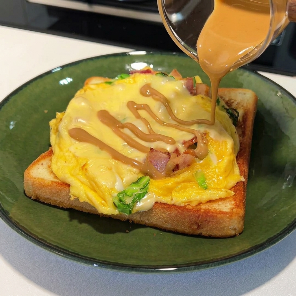Erdnusssauce wird in Zickzacklinien auf einen Käse-Eier-Toast auf einem grünen Teller gegossen.