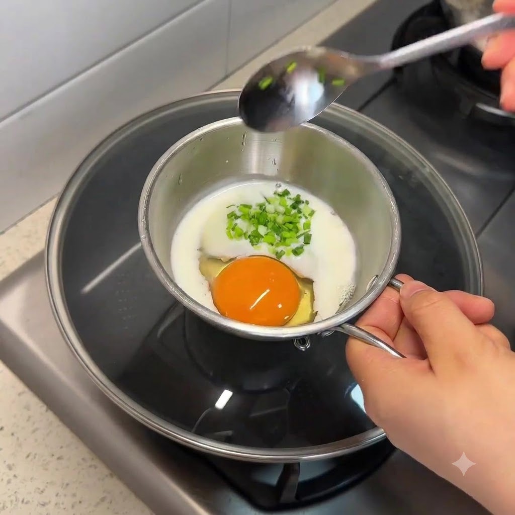 Ein Ei, Milch und gehackte Frühlingszwiebeln in einem kleinen Metalltopf, die mit einem Löffel verquirlt werden.