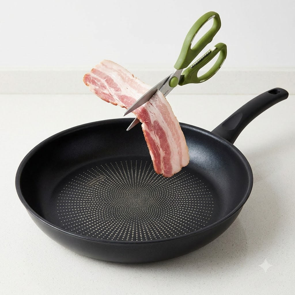Grüne Küchenschere schneidet rohe Baconstreifen direkt über einer leeren schwarzen Bratpfanne.