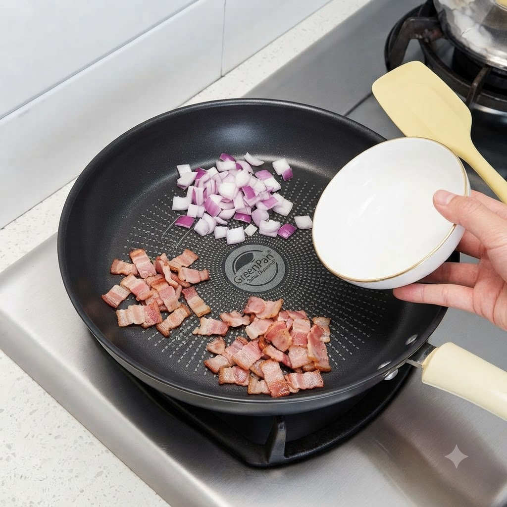 Eine Bratpfanne mit gebratenen Baconstücken und einem Haufen gehackter roter Zwiebeln neben einer kleinen weißen Schüssel.