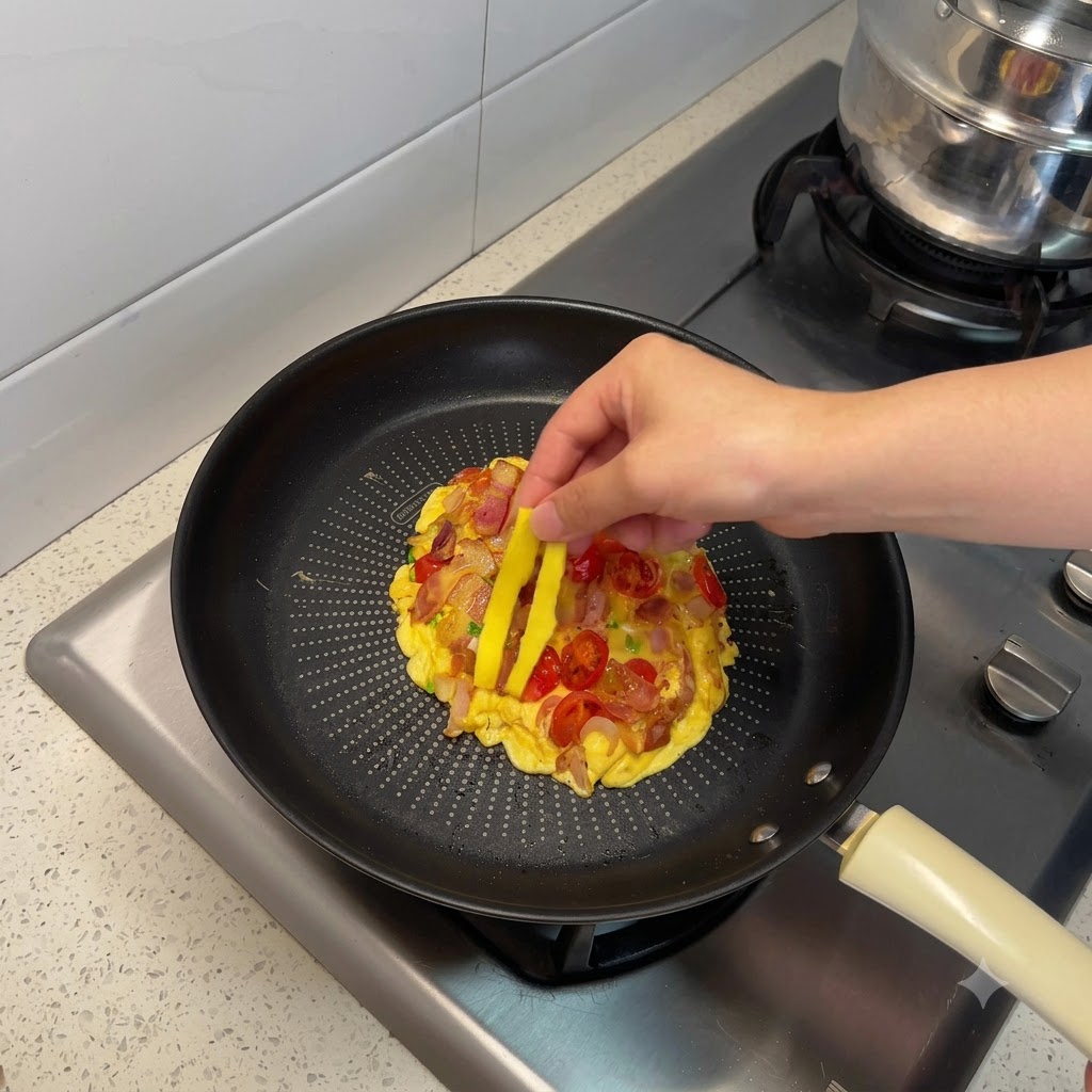 Eine Hand legt gelbe Käasestreifen auf ein gegartes Eierrührei, das mit Bacon und Tomaten in einer Bratpfanne vermischt ist.
