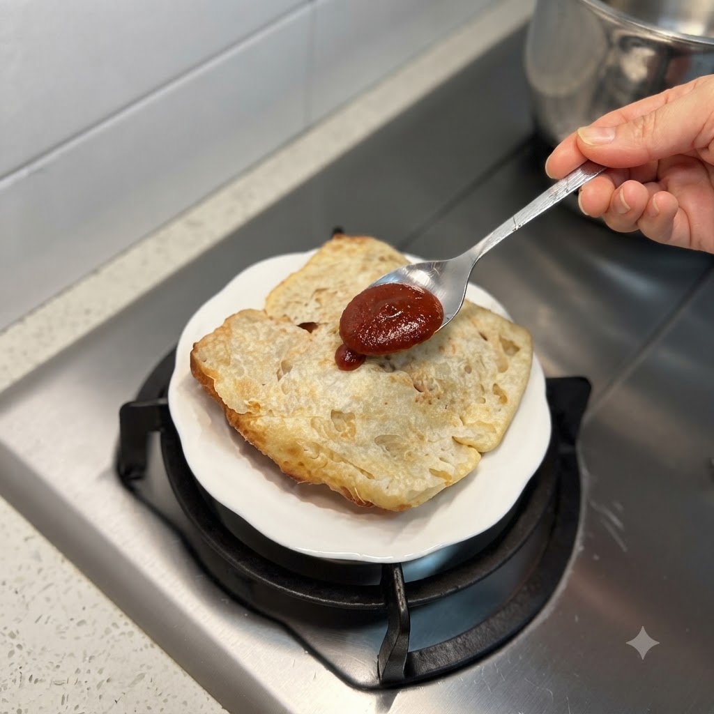 Ein Löffel reichhaltige rote Rindfleischsoße wird auf einem Stück geröstetem Ciabattabrot auf einem kleinen weißen Teller verstrichen.