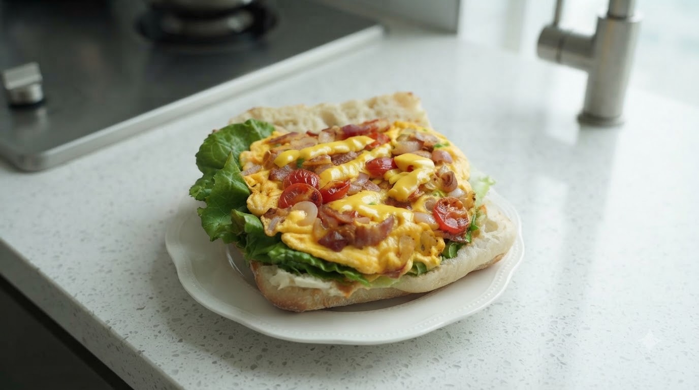 Ein Gourmet-Ciabatta-Frühstückssandwich gefüllt mit knackigem grünem Salat, fluffigem Rührei, Kirschtomaten, Bacon und geschmolzenem Käse.
