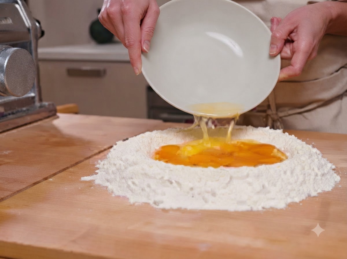 Eier werden aus einer Schüssel in die Mehlmulde auf einem Holzbrett gegossen.