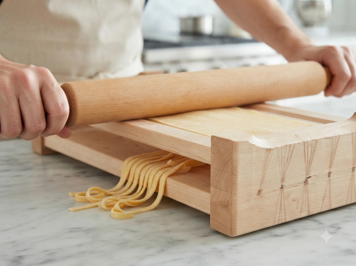 Ein Nudelholz glättet gelbe Pastaplatten auf einem Holzbrett.