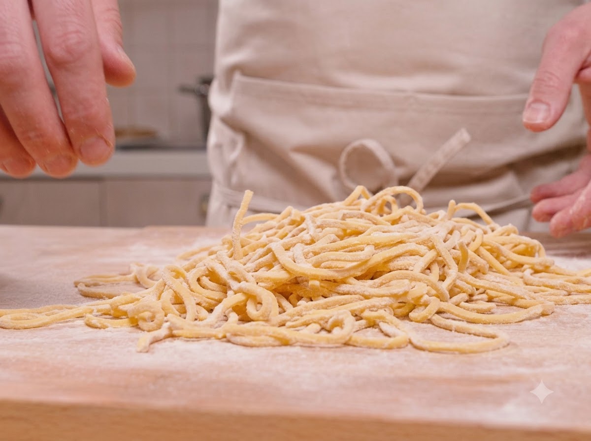 Frisch geschnittene gelbe Spaghettinudeln auf einer Holzoberfläche aufgetürmt.