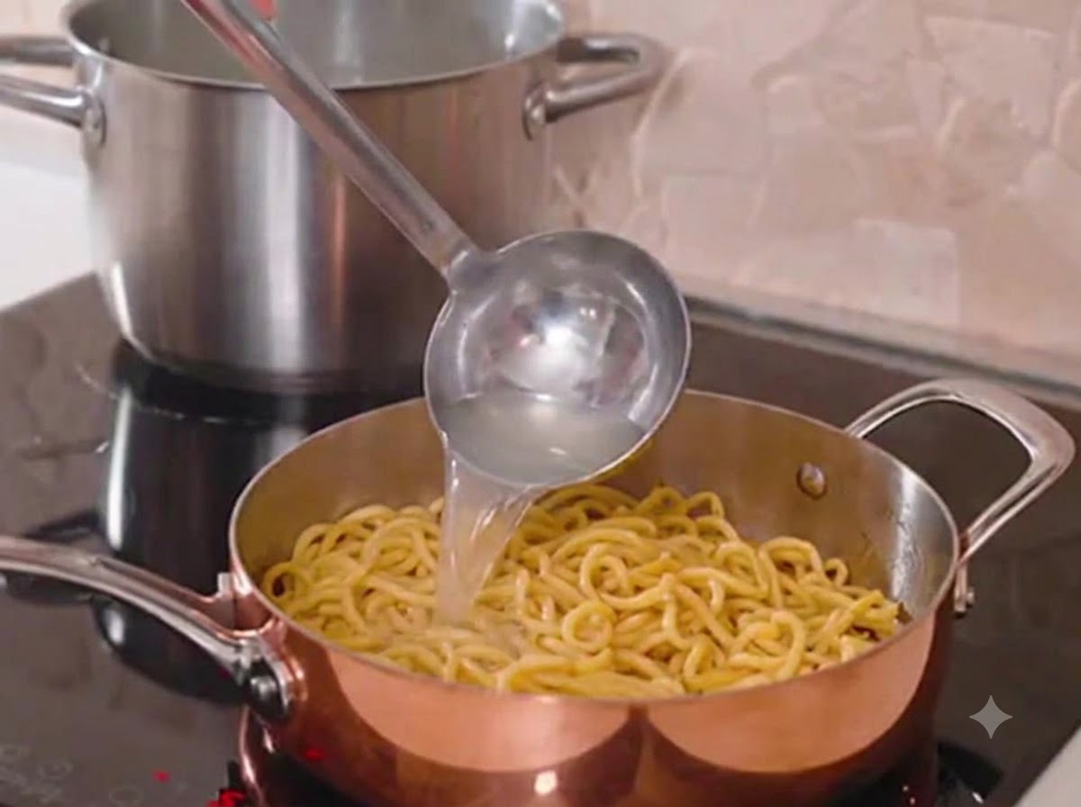 Eine Metalldelle gießt stärkehaltiges Nudelwasser in eine glänzende Kupferpfanne mit gekochten Spaghetti.